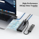 Xiaobi Powered USB 3.2 Hub 10-Port Data Splitter with 12V Power Adapter & Individual On/Off Switches