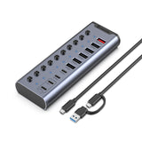 Xiaobi 10-Port Powered USB 3.2 Hub 12V Adapter, Individual Switches for Hard Drives, Printers, and More