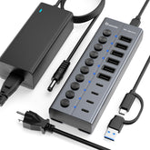 Xiaobi Powered USB 3.2 Hub 10-Port Data Splitter with 12V Power Adapter & Individual On/Off Switches