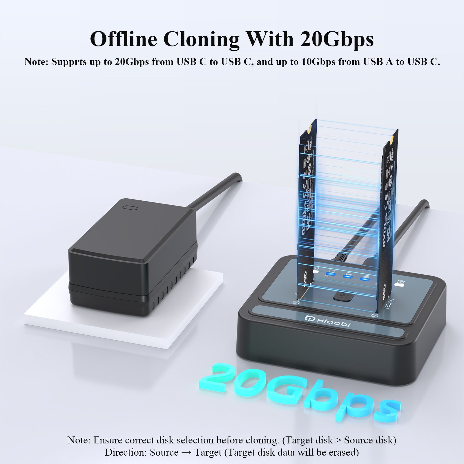 Xiaobi Dual Bay M.2 NVMe/SATA SSD Cloner USB3.2 Gen2x2 Tool Free Support Offline Clone