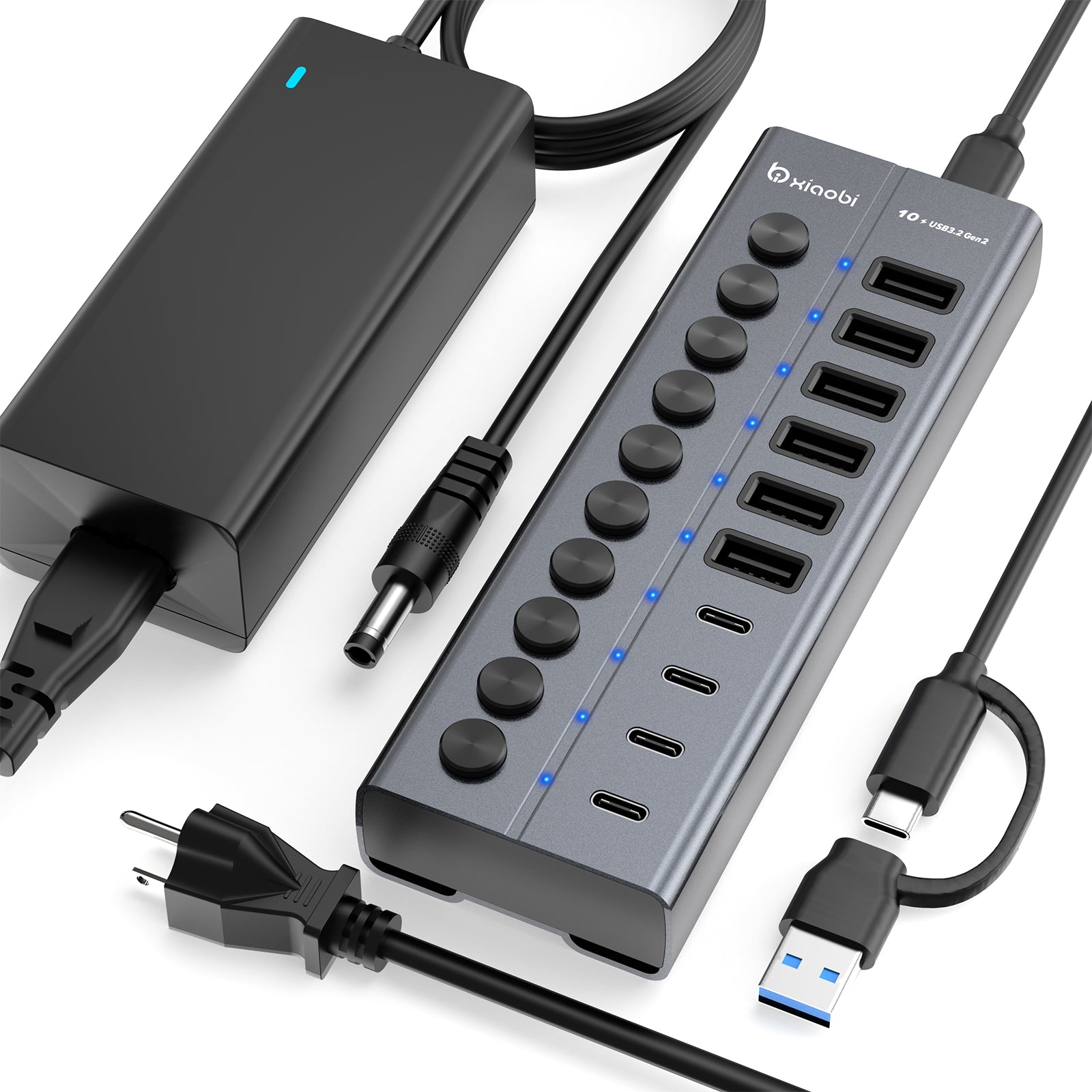 Xiaobi Powered USB 3.2 Hub 10-Port Data Splitter with 12V Power Adapter & Individual On/Off Switches