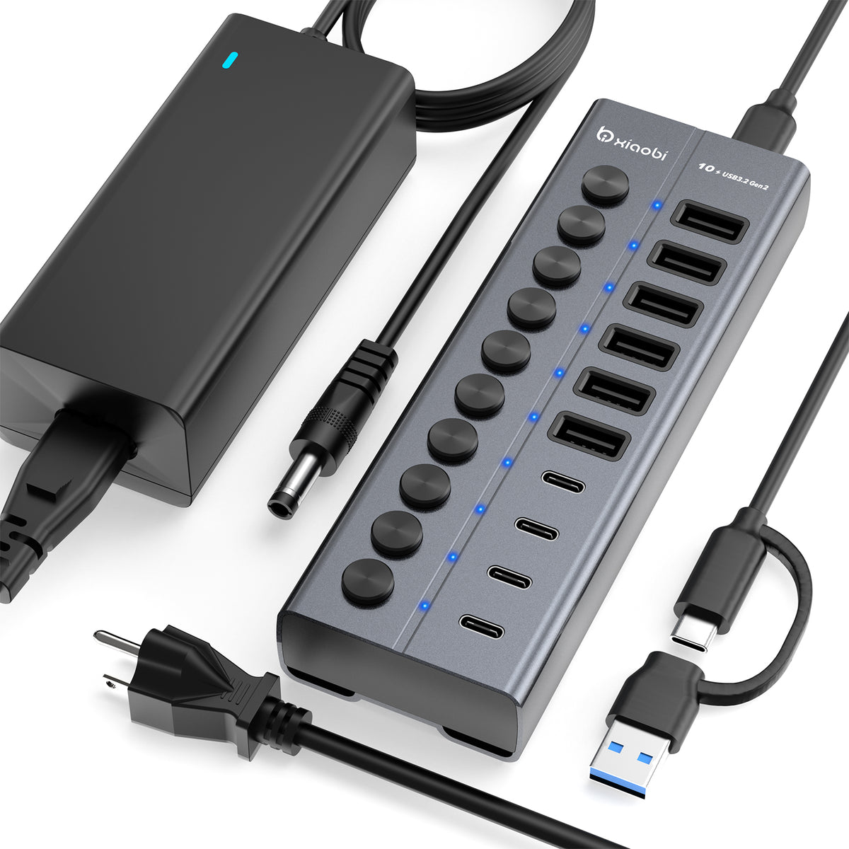 Xiaobi Powered USB 3.2 Hub 10-Port Data Splitter with 12V Power Adapter & Individual On/Off Switches