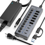 Xiaobi Powered USB 3.2 Hub 10-Port Data Splitter with 12V Power Adapter & Individual On/Off Switches