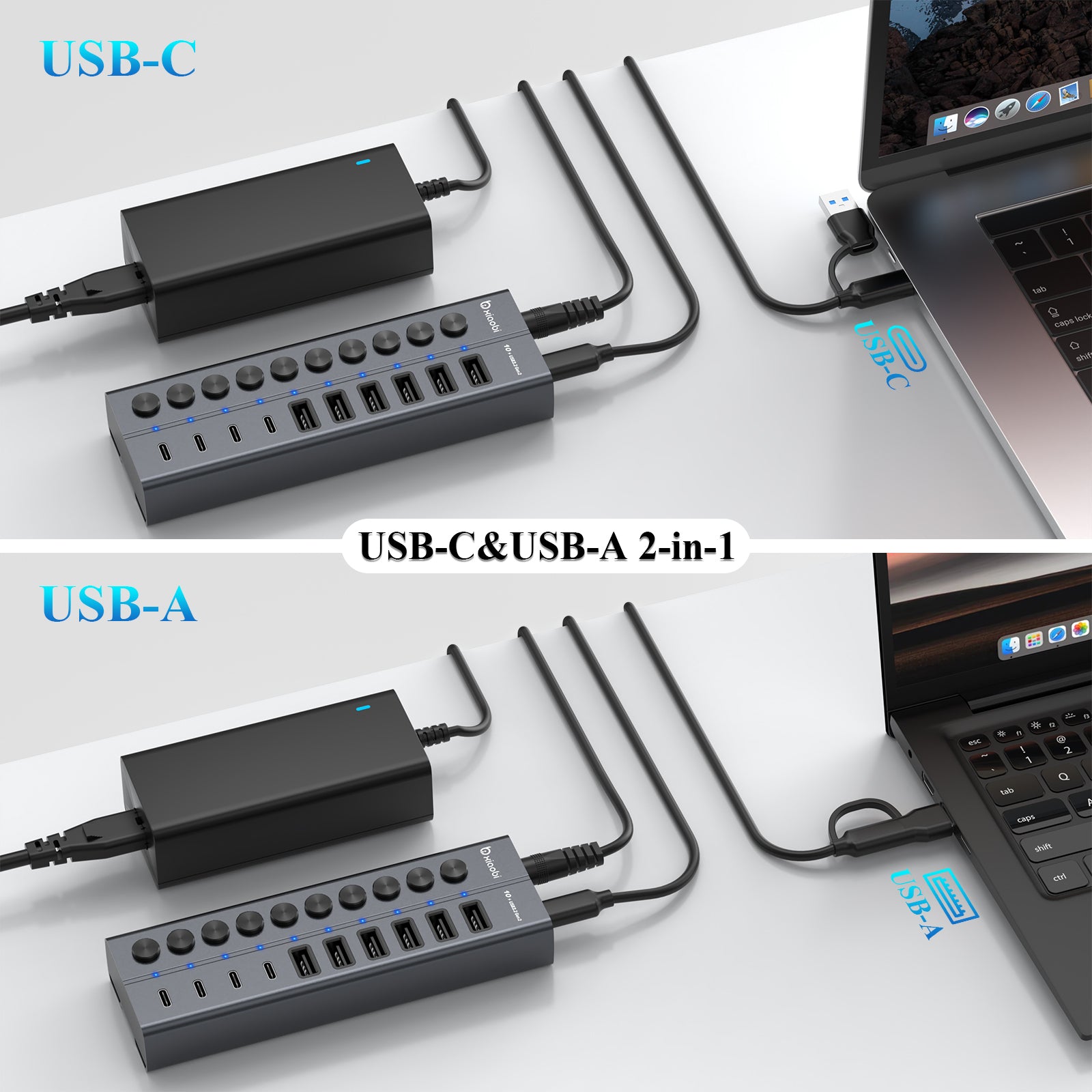 Xiaobi Powered USB 3.2 Hub 10-Port Data Splitter with 12V Power Adapter & Individual On/Off Switches