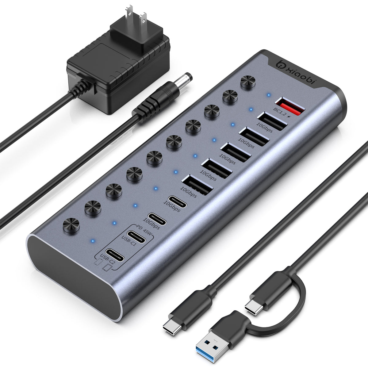 Xiaobi 10-Port Powered USB 3.2 Hub 12V Adapter, Individual Switches for Hard Drives, Printers, and More