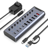 Xiaobi 10-Port Powered USB 3.2 Hub 12V Adapter, Individual Switches for Hard Drives, Printers, and More
