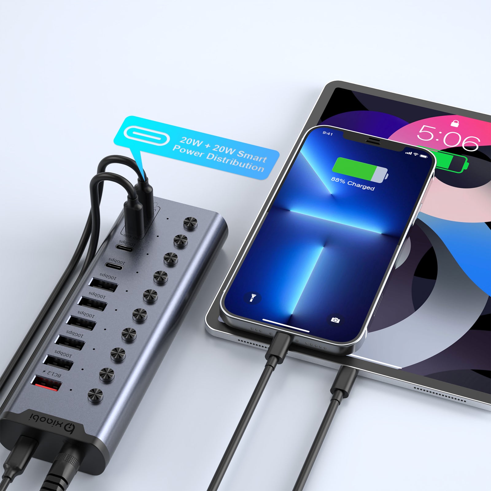 Xiaobi 10-Port Powered USB 3.2 Hub 12V Adapter, Individual Switches for Hard Drives, Printers, and More