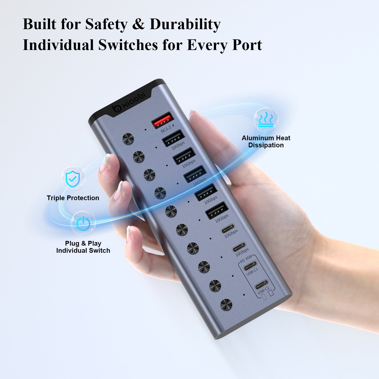 Xiaobi 10-Port Powered USB 3.2 Hub 12V Adapter, Individual Switches for Hard Drives, Printers, and More