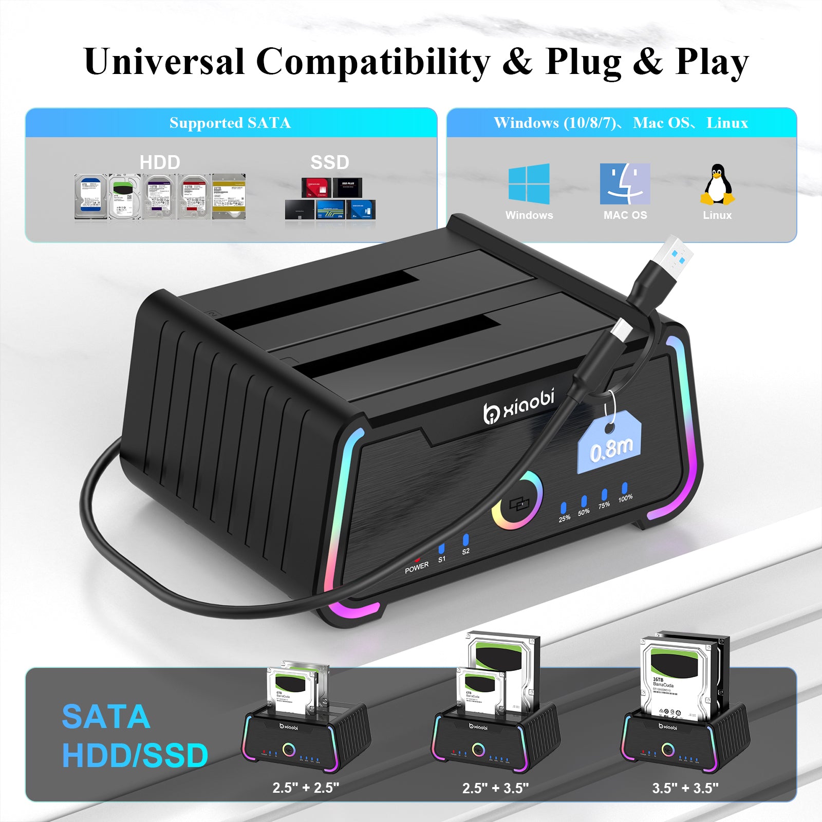 Xiaobi USB 3.0 Dual Bay HDD Docking Station for 2.5/3.5 inch SATA HDD SSD Support 18TB & Offline Clone