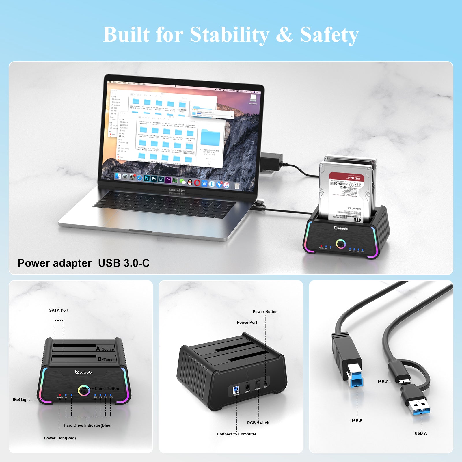 Xiaobi USB 3.0 Dual Bay HDD Docking Station for 2.5/3.5 inch SATA HDD SSD Support 18TB & Offline Clone