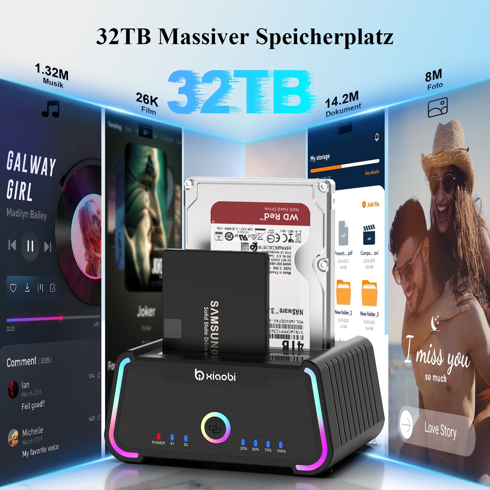 Xiaobi USB 3.0 Dual Bay HDD Docking Station for 2.5/3.5 inch SATA HDD SSD Support 18TB & Offline Clone