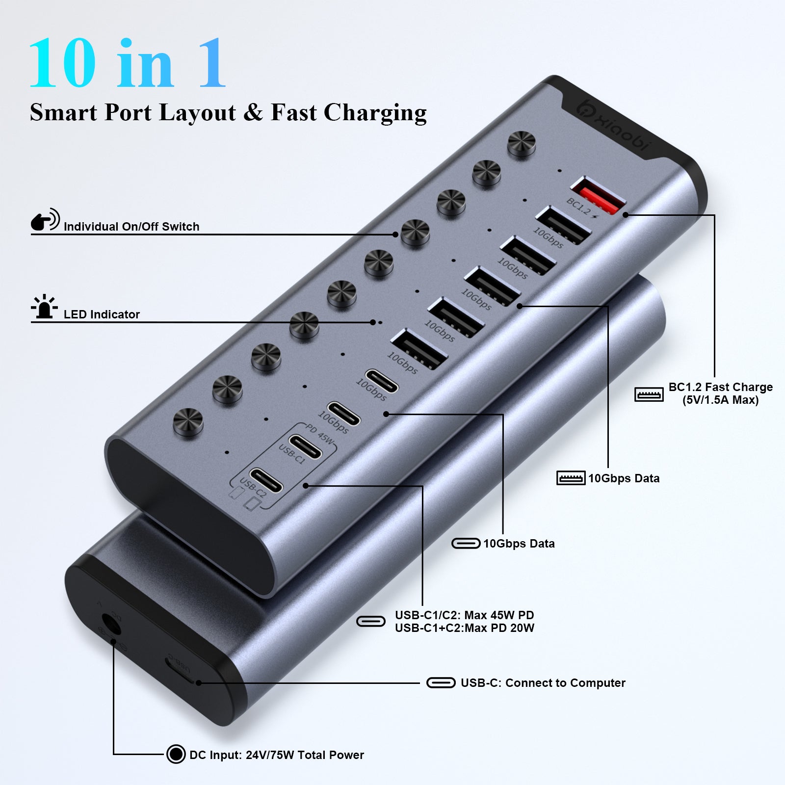 Xiaobi 10-Port Powered USB 3.2 Hub 12V Adapter, Individual Switches for Hard Drives, Printers, and More