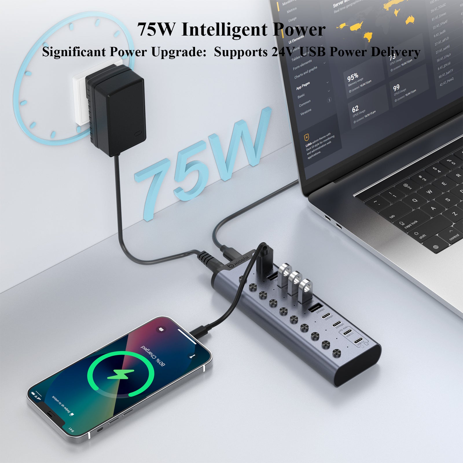 Xiaobi 10-Port Powered USB 3.2 Hub 12V Adapter, Individual Switches for Hard Drives, Printers, and More