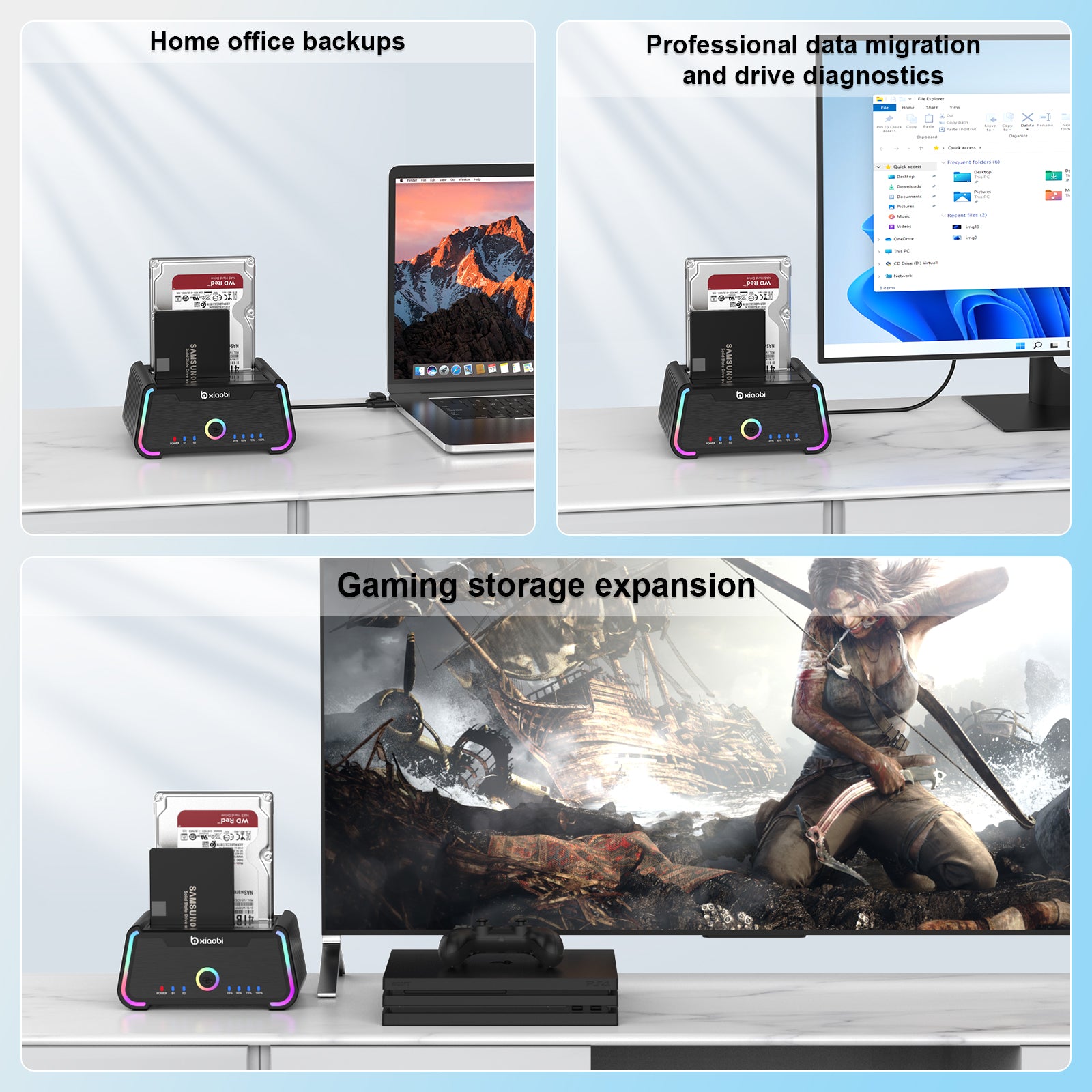 Xiaobi USB 3.0 Dual Bay HDD Docking Station for 2.5/3.5 inch SATA HDD SSD Support 18TB & Offline Clone