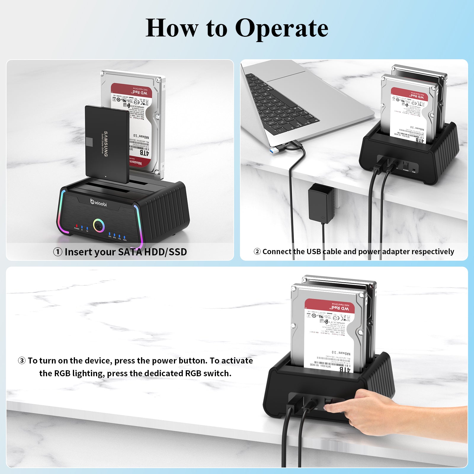 Xiaobi USB 3.0 Dual Bay HDD Docking Station for 2.5/3.5 inch SATA HDD SSD Support 18TB & Offline Clone