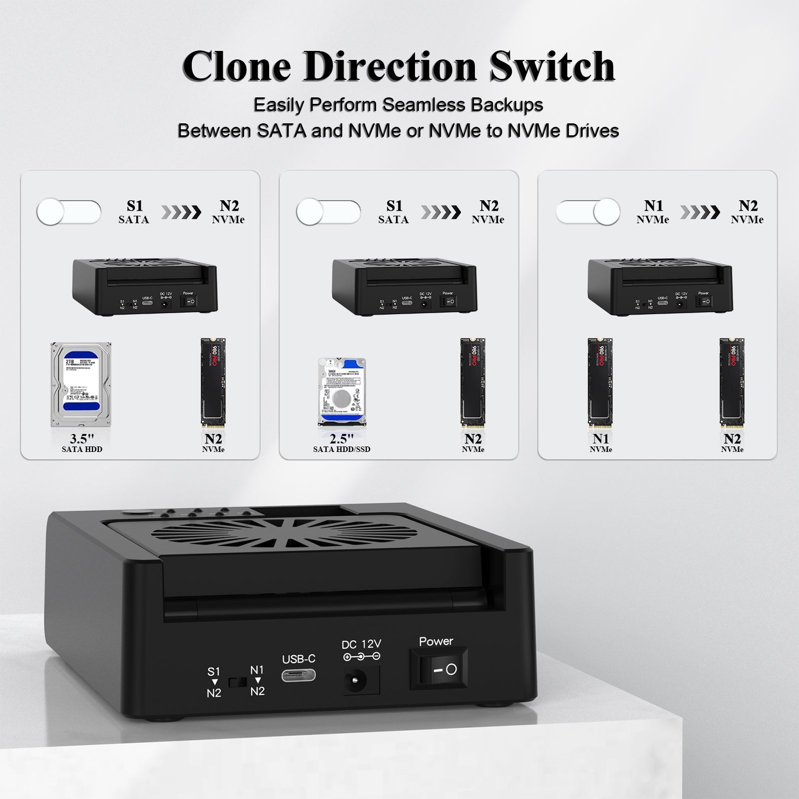 Xiaobi M.2 NVMe & SATA Hard Drive Docking Station 3 Bay Offline Clone for M.2 SSD and 3.5" HDD