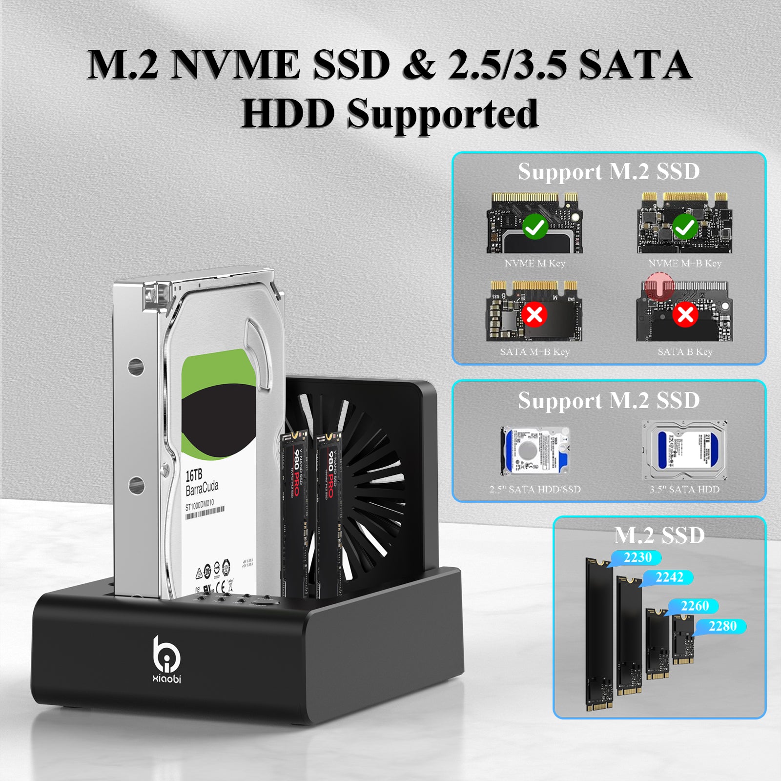 Xiaobi M.2 NVMe & SATA Hard Drive Docking Station 3 Bay Offline Clone for M.2 SSD and 3.5" HDD