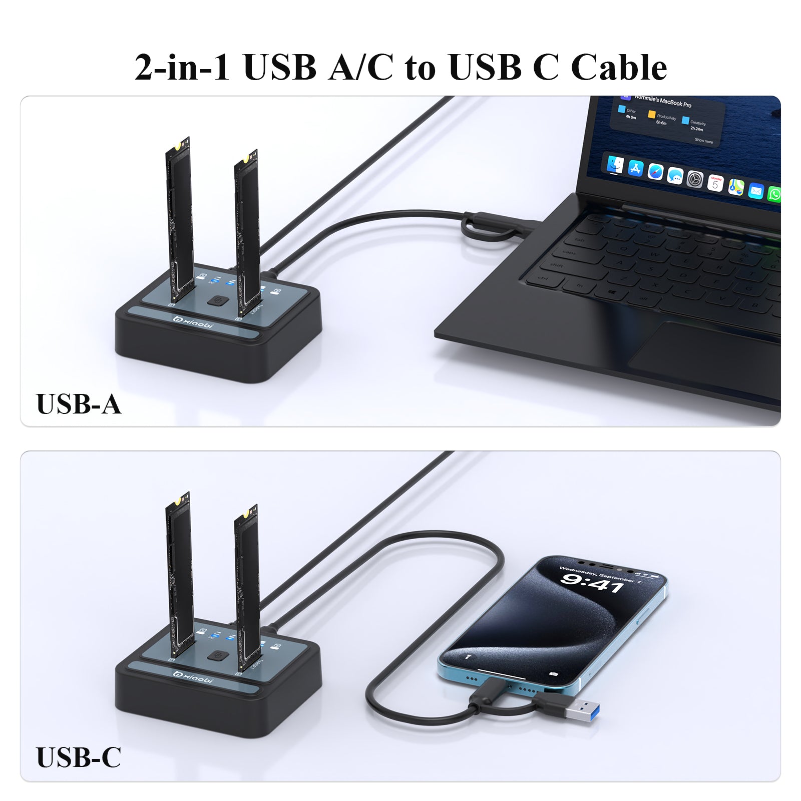 Xiaobi Dual Bay M.2 NVMe/SATA SSD Cloner USB3.2 Gen2x2 Tool Free Support Offline Clone