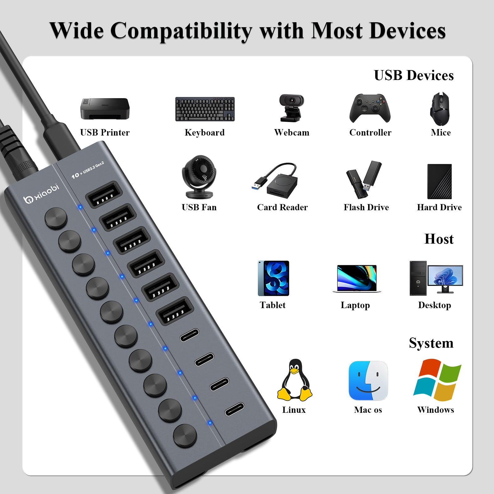 Xiaobi Powered USB 3.2 Hub 10-Port Data Splitter with 12V Power Adapter & Individual On/Off Switches