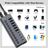 Xiaobi Powered USB 3.2 Hub 10-Port Data Splitter with 12V Power Adapter & Individual On/Off Switches