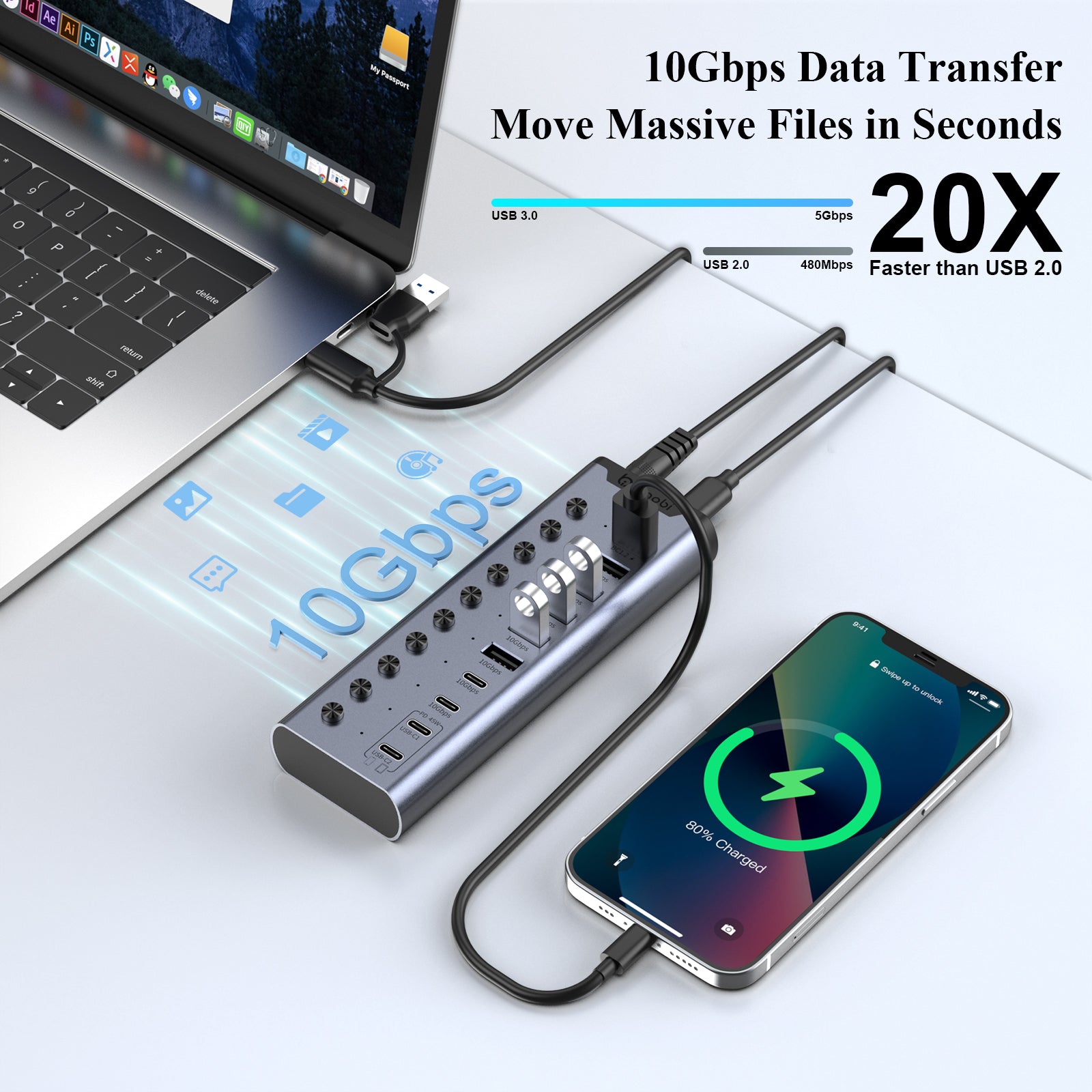 Xiaobi 10-Port Powered USB 3.2 Hub 12V Adapter, Individual Switches for Hard Drives, Printers, and More