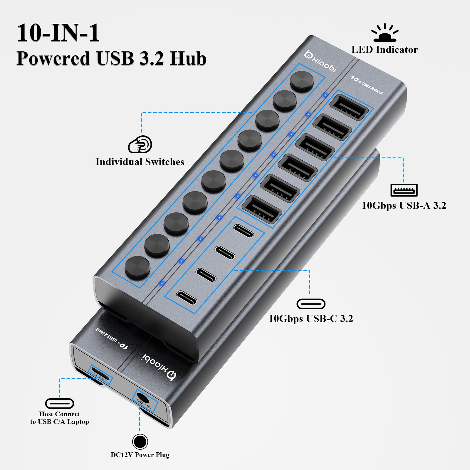 Xiaobi Powered USB 3.2 Hub 10-Port Data Splitter with 12V Power Adapter & Individual On/Off Switches