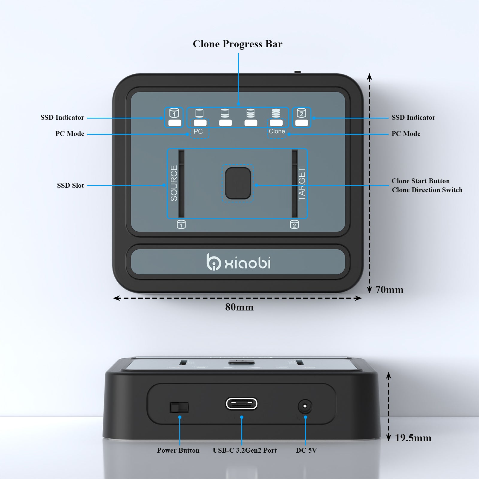 Xiaobi Dual Bay M.2 NVMe/SATA SSD Cloner USB3.2 Gen2x2 Tool Free Support Offline Clone